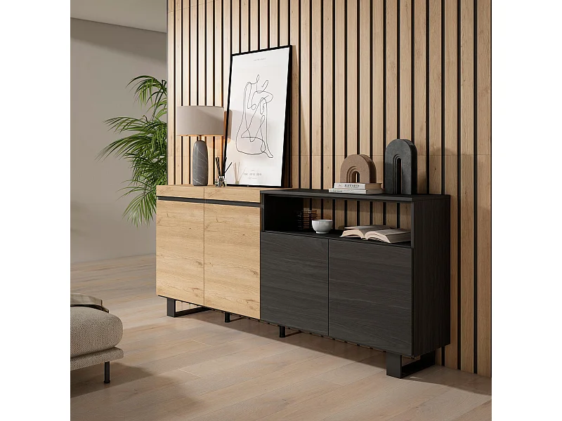 Buffet salon et cuisine, 200x35x87cm, 4 Portes, Design industriel, Chêne et noir