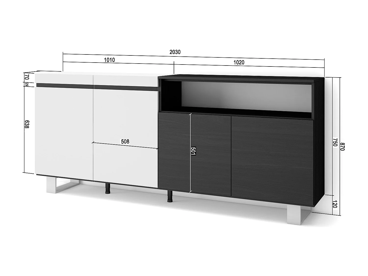 Dressoir, Opbergkast, 200x35x87cm, 4 Deuren, Industrieel design, Wit en Zwart