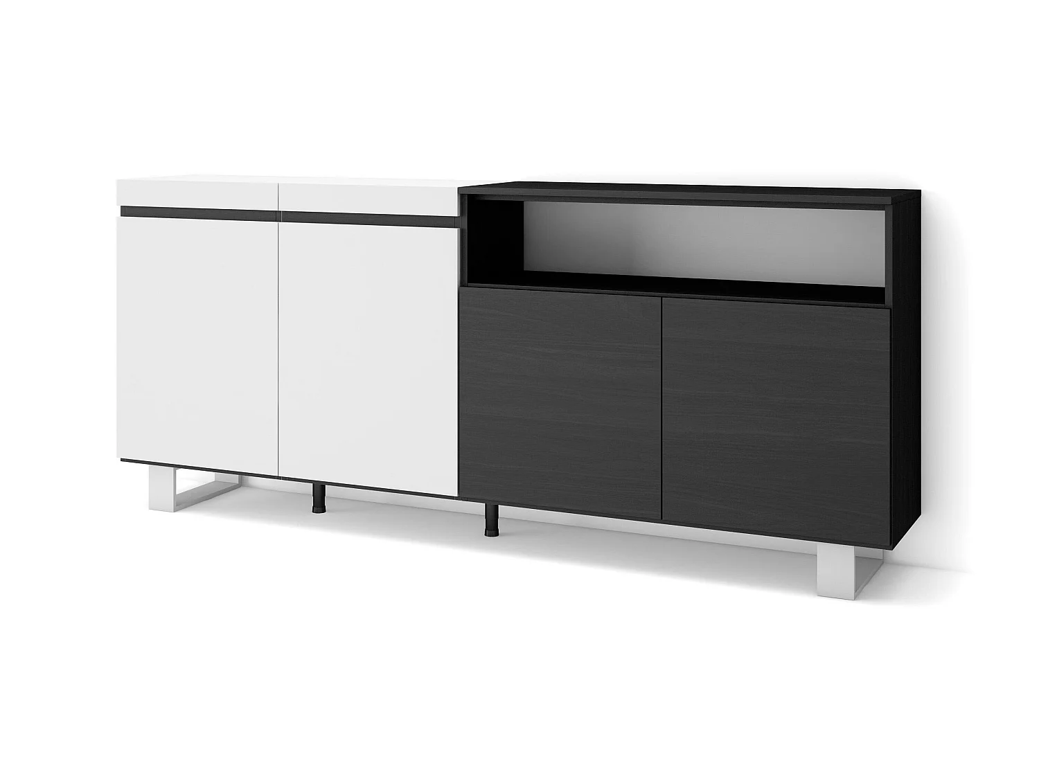 Dressoir, Opbergkast, 200x35x87cm, 4 Deuren, Industrieel design, Wit en Zwart