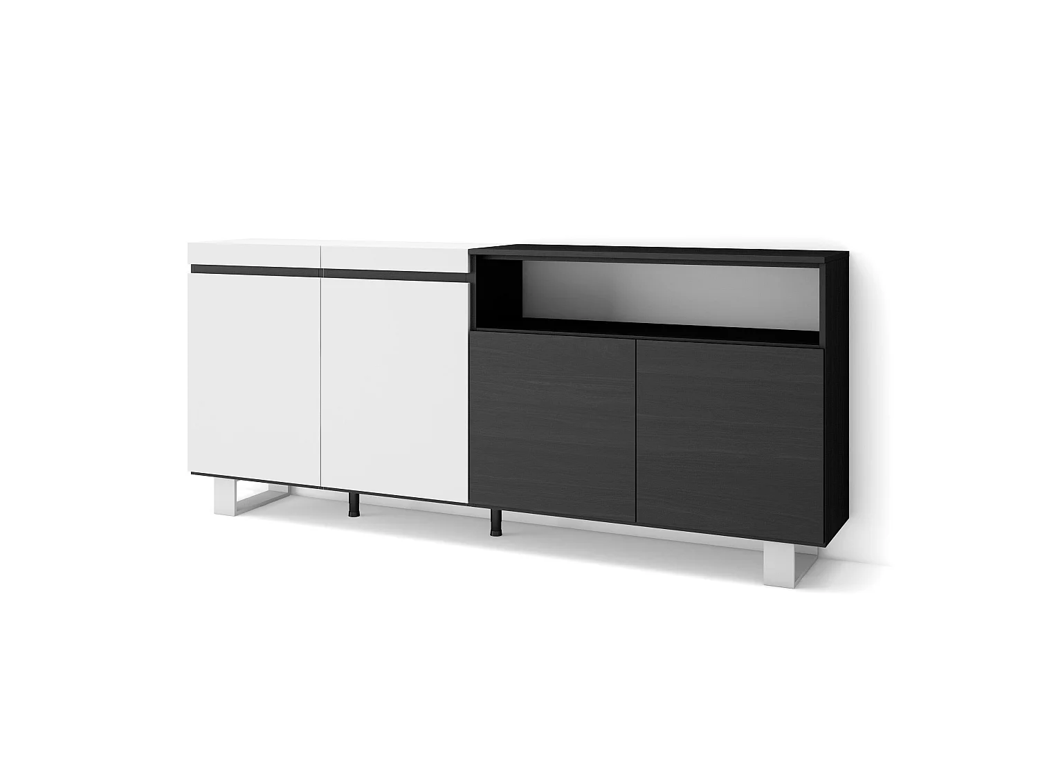 Sideboard, Highboard, 200x35x87cm, 4 Türen, Industriedesign, Weiß und Schwarz