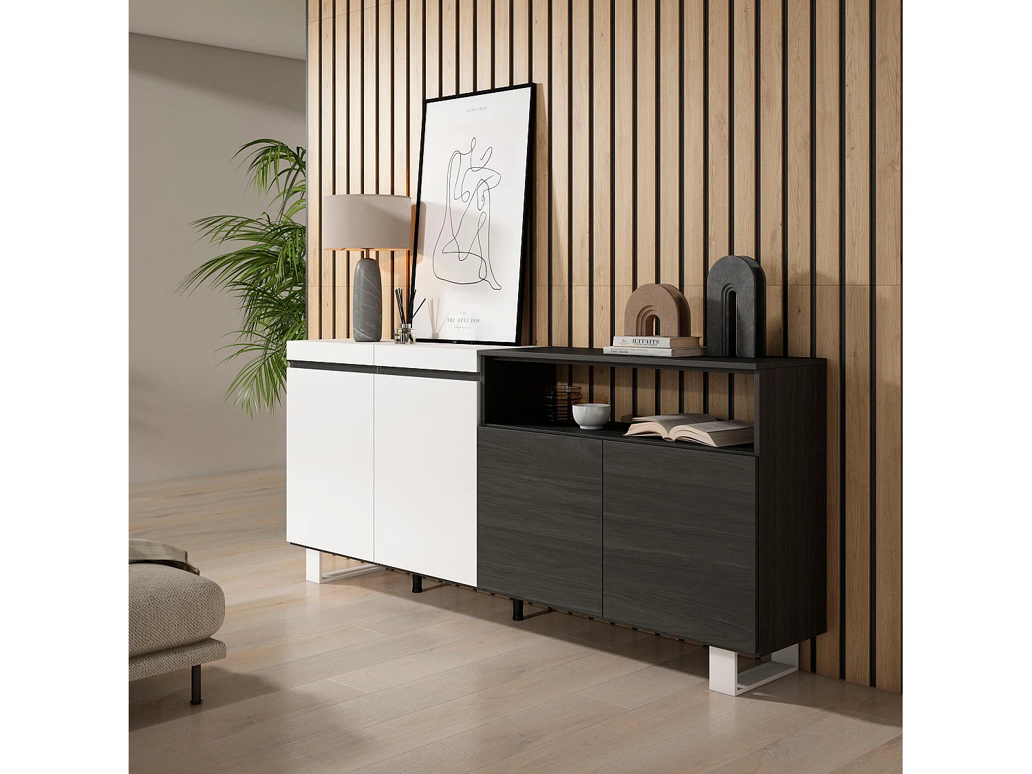 Sideboard, Highboard, 200x35x87cm, 4 Türen, Industriedesign, Weiß und Schwarz