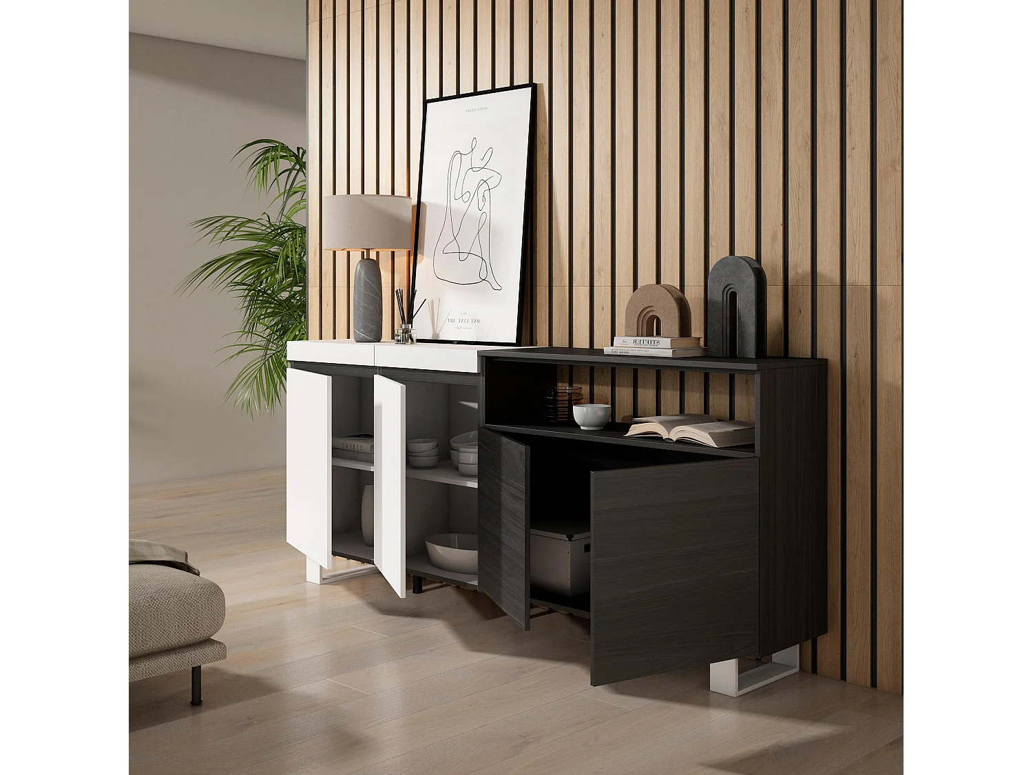 Sideboard, Highboard, 200x35x87cm, 4 Türen, Industriedesign, Weiß und Schwarz