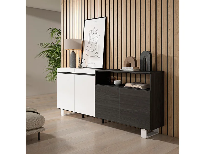 Credenza, Mobile, Cucina, 200x35x87cm, 4 Porte, Design industriale, Bianco e nero