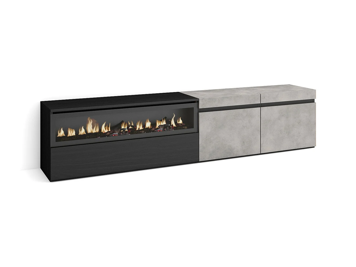TV-Meubel, Lowboard, 200x35x45cm, Voor tv's tot 80", Elektrische haard, Cement