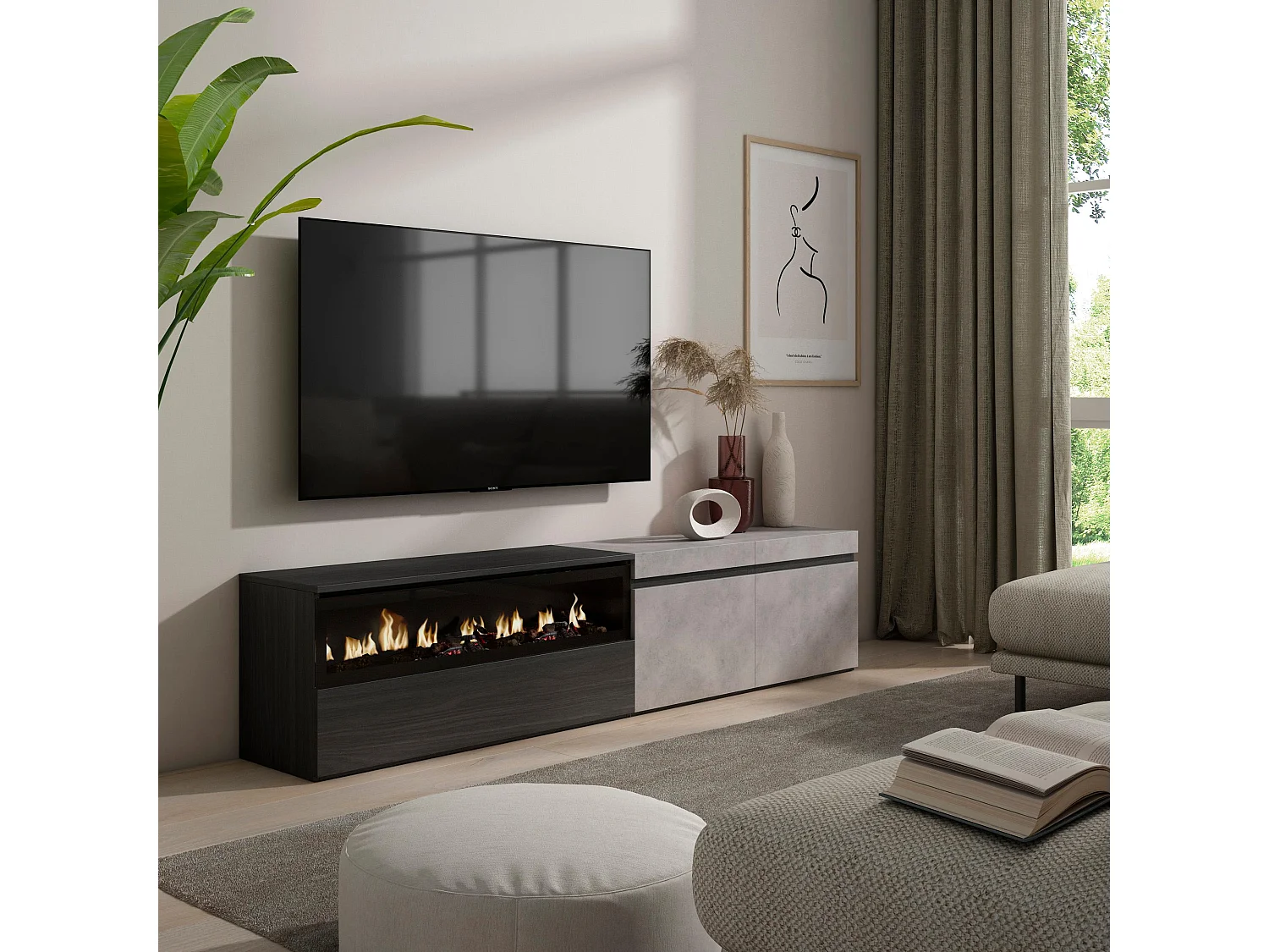 Meuble TV, Banc Télé, 200x35x45cm, Pour les TV jusqu'à 80", Cheminée électrique, Ciment