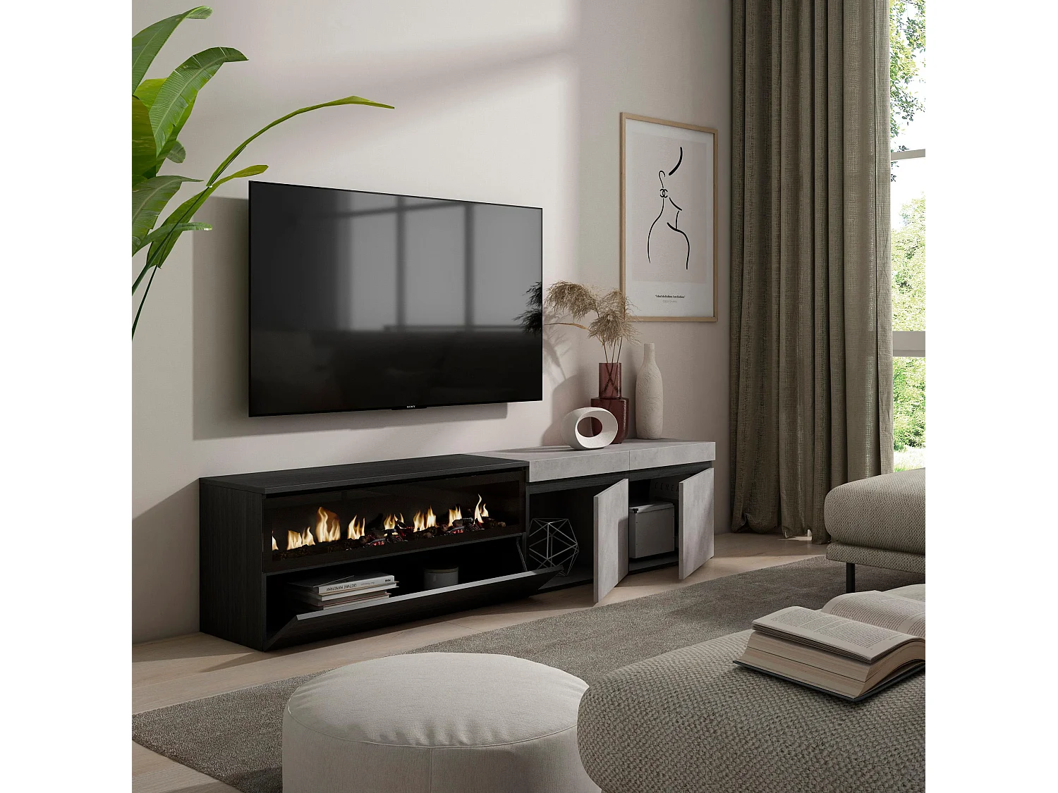 Meuble TV, Banc Télé, 200x35x45cm, Pour les TV jusqu'à 80", Cheminée électrique, Ciment