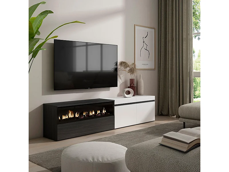 Mobile TV Soggiorno, 200x35x45cm, Per TV fino a 80", Camino elettrico, Bianco e nero