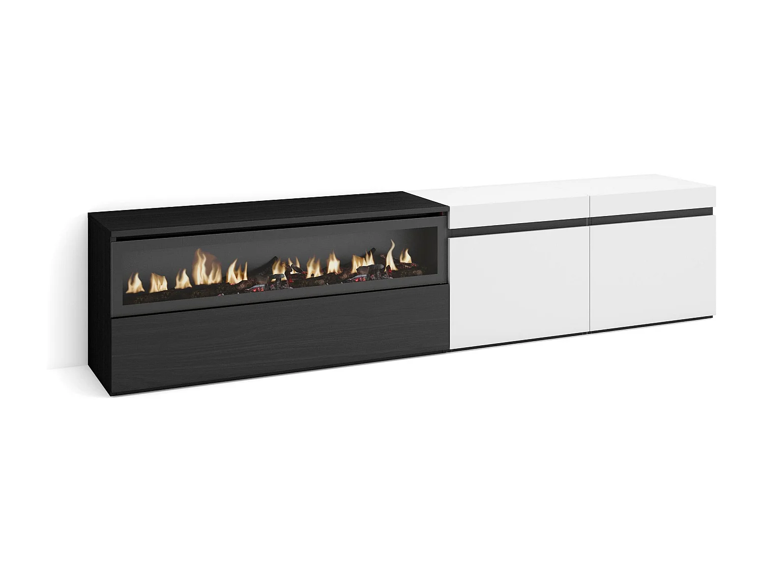 TV-Schrank, Lowboard, 200x35x45cm, Für TV-Geräte bis zu 80", Elektrokamin, Weiß und Schwarz