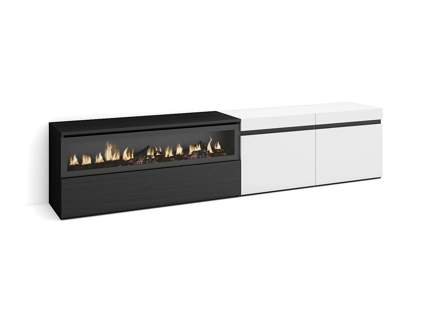 Meuble TV, Banc Télé, 200x35x45cm, Pour les TV jusqu'à 80", Cheminée électrique, Blanc et noir