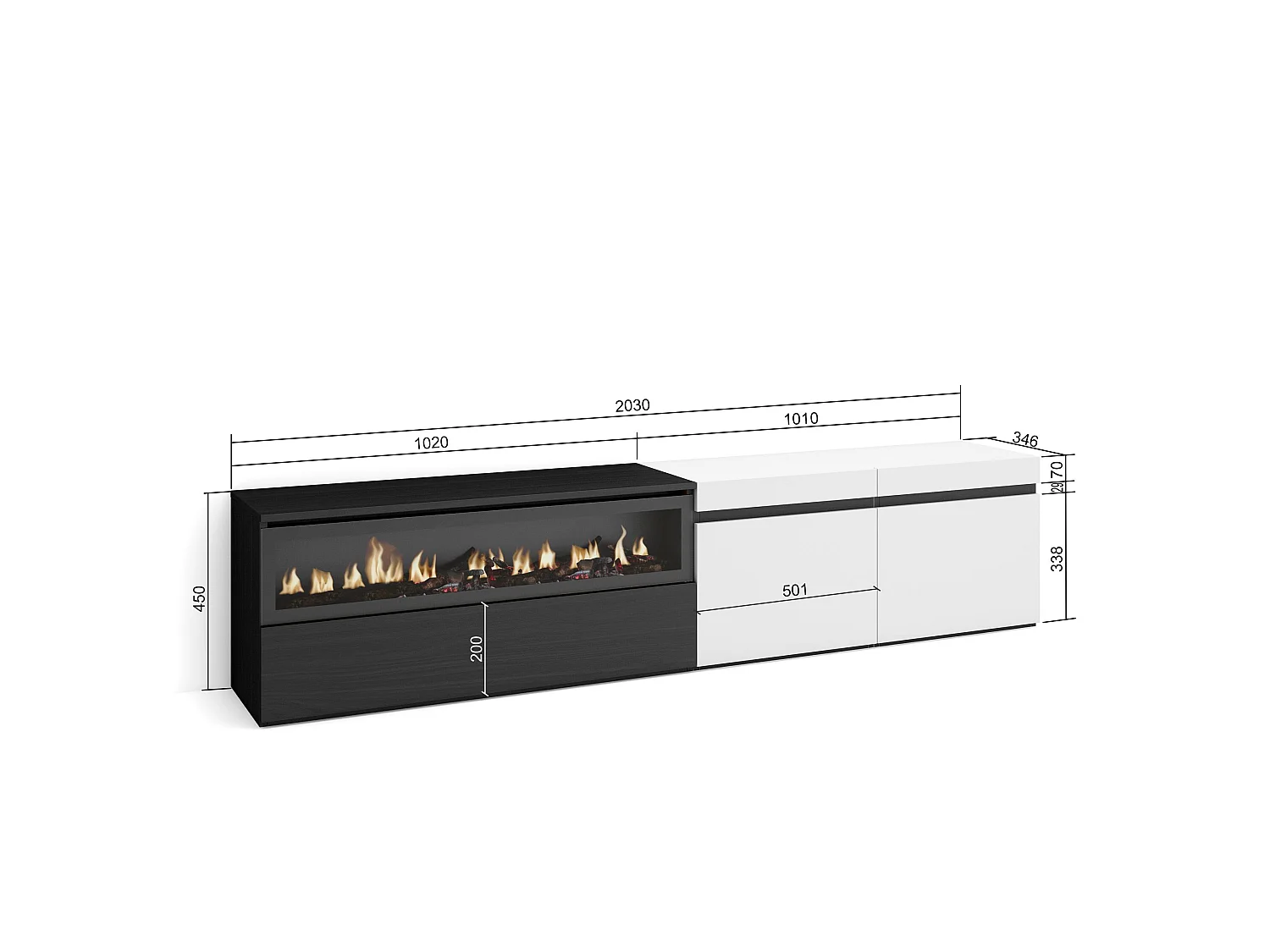 TV-Meubel, Lowboard, 200x35x45cm, Voor tv's tot 80", Elektrische haard, Wit en Zwart