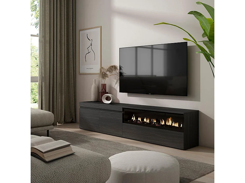 TV-Schrank, Lowboard, 200x35x45cm, Für TV-Geräte bis zu 80", Elektrokamin, Schwarz