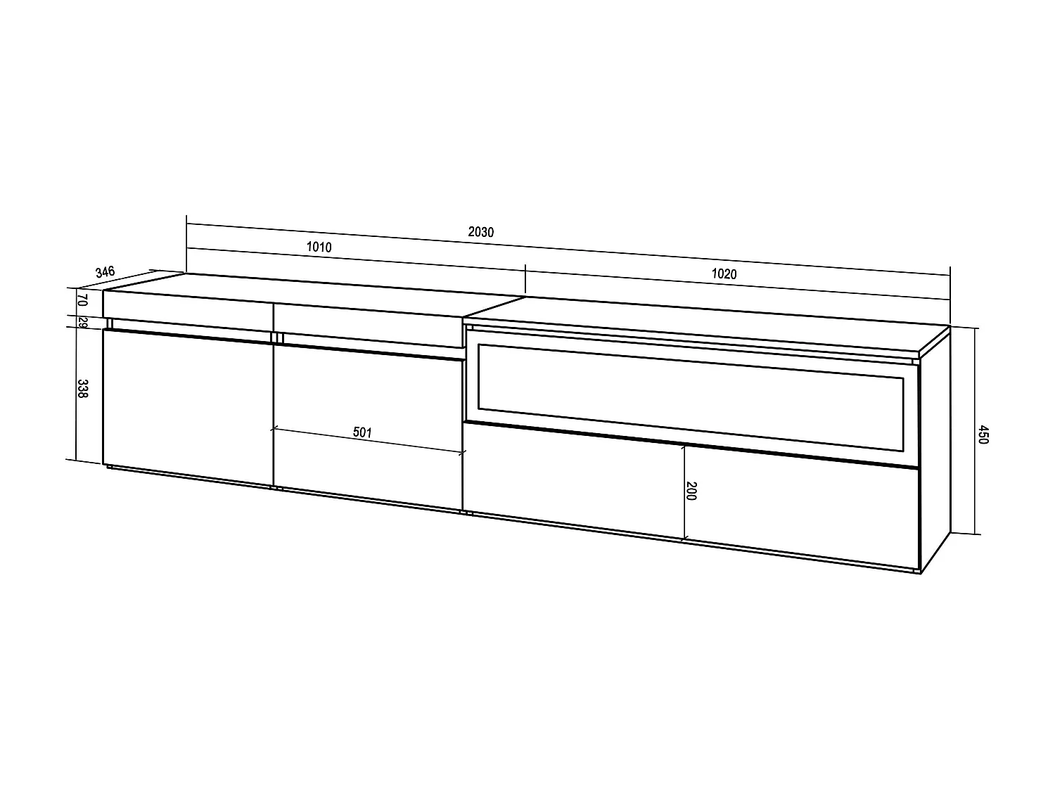 TV-Schrank, Lowboard, 200x35x45cm, Für TV-Geräte bis zu 80", Elektrokamin, Schwarz