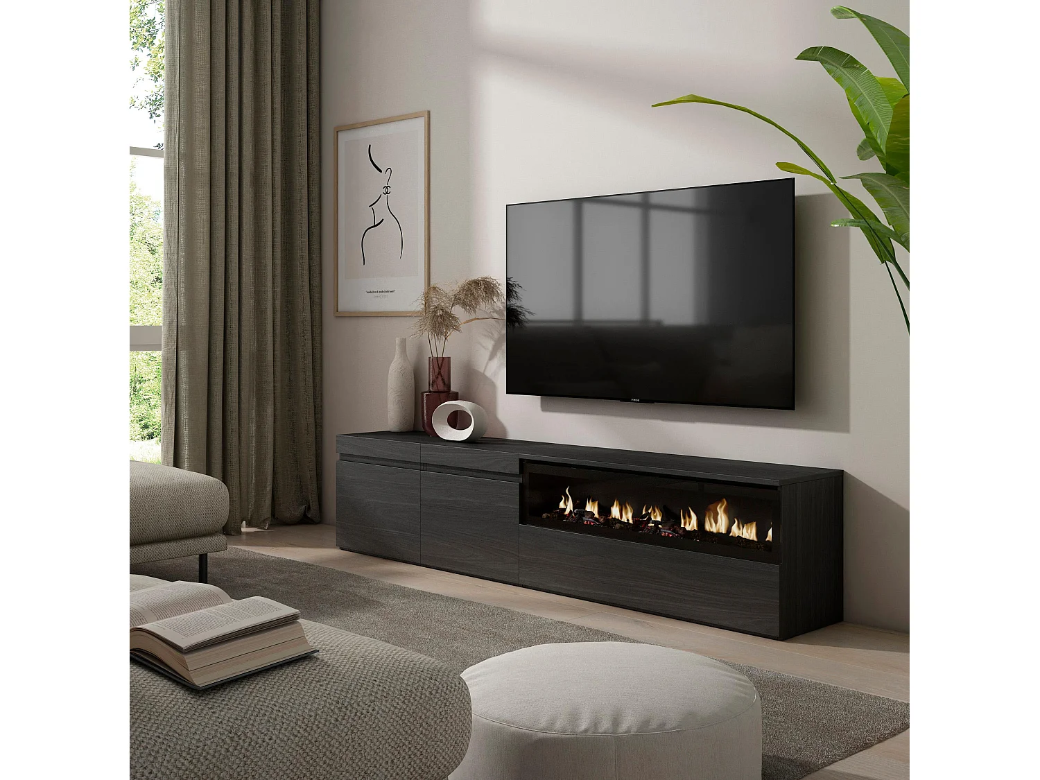 Meuble TV, Banc Télé, 200x35x45cm, Pour les TV jusqu'à 80", Cheminée électrique, Noir