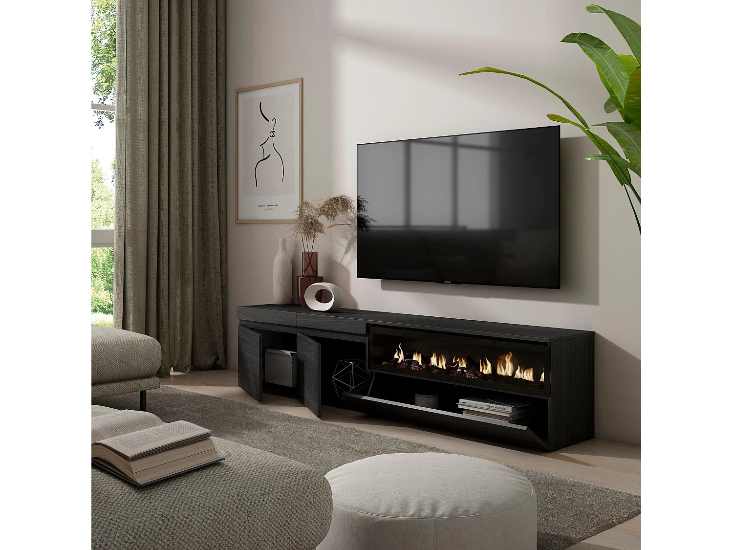 Meuble TV, Banc Télé, 200x35x45cm, Pour les TV jusqu'à 80", Cheminée électrique, Noir