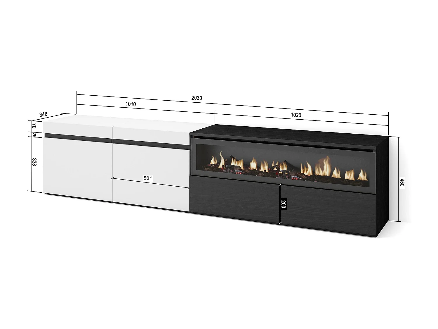 TV-Schrank, Lowboard, 200x35x45cm, Für TV-Geräte bis zu 80", Elektrokamin, Weiß und Schwarz