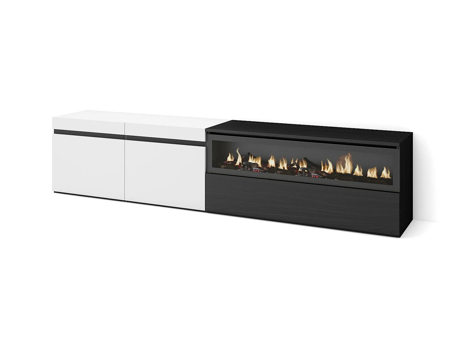 TV-Meubel, Lowboard, 200x35x45cm, Voor tv's tot 80", Elektrische haard, Wit en Zwart
