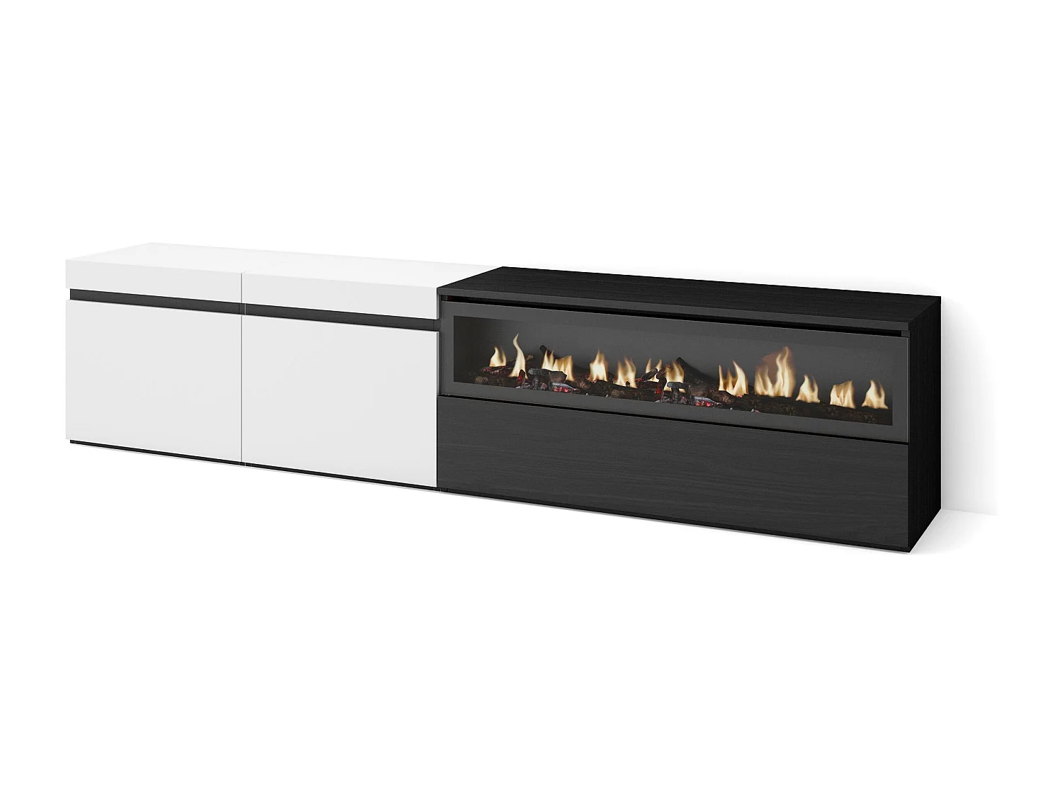 Meuble TV, Banc Télé, 200x35x45cm, Pour les TV jusqu'à 80", Cheminée électrique, Blanc et noir