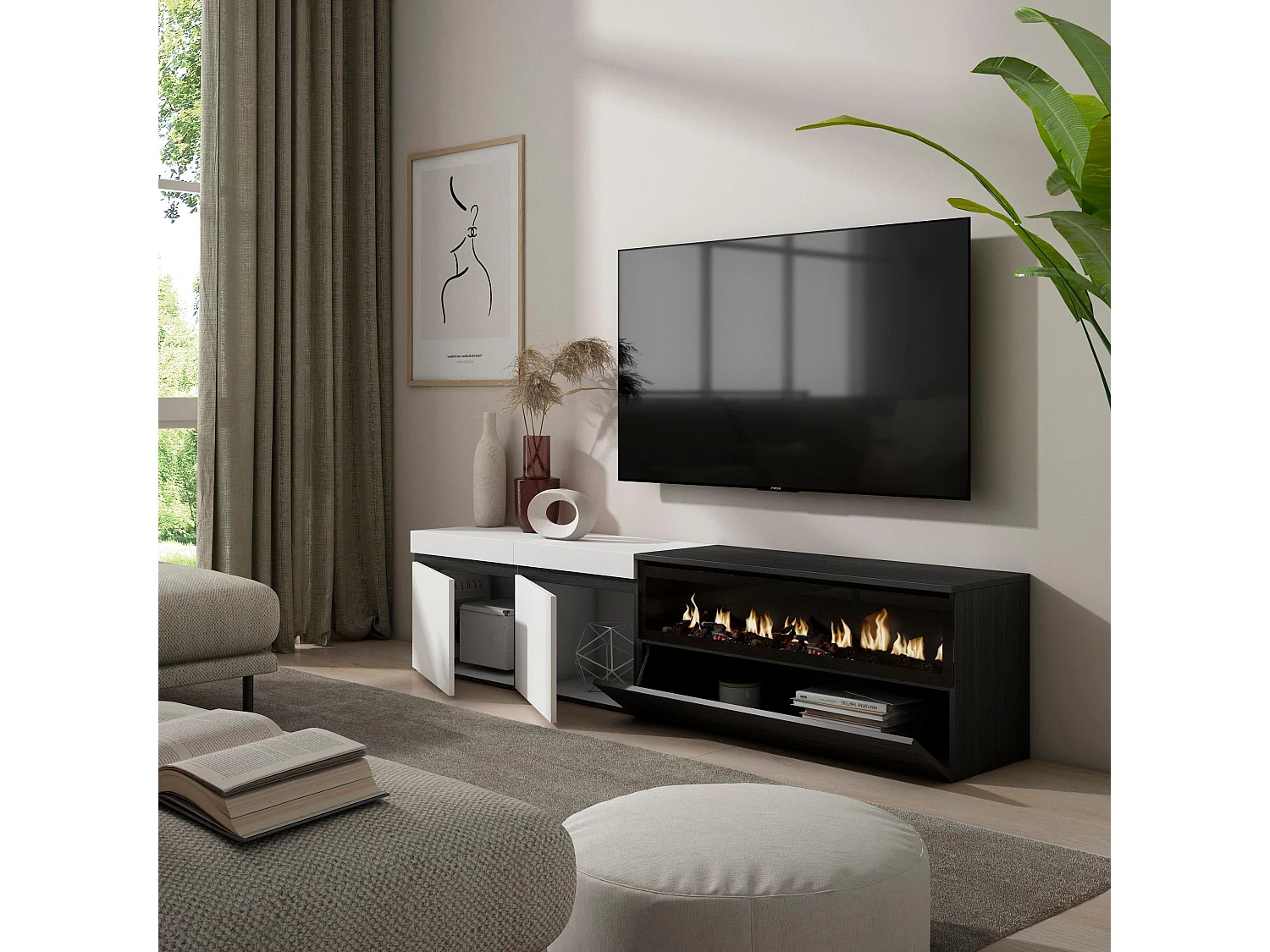 Meuble TV, Banc Télé, 200x35x45cm, Pour les TV jusqu'à 80", Cheminée électrique, Blanc et noir