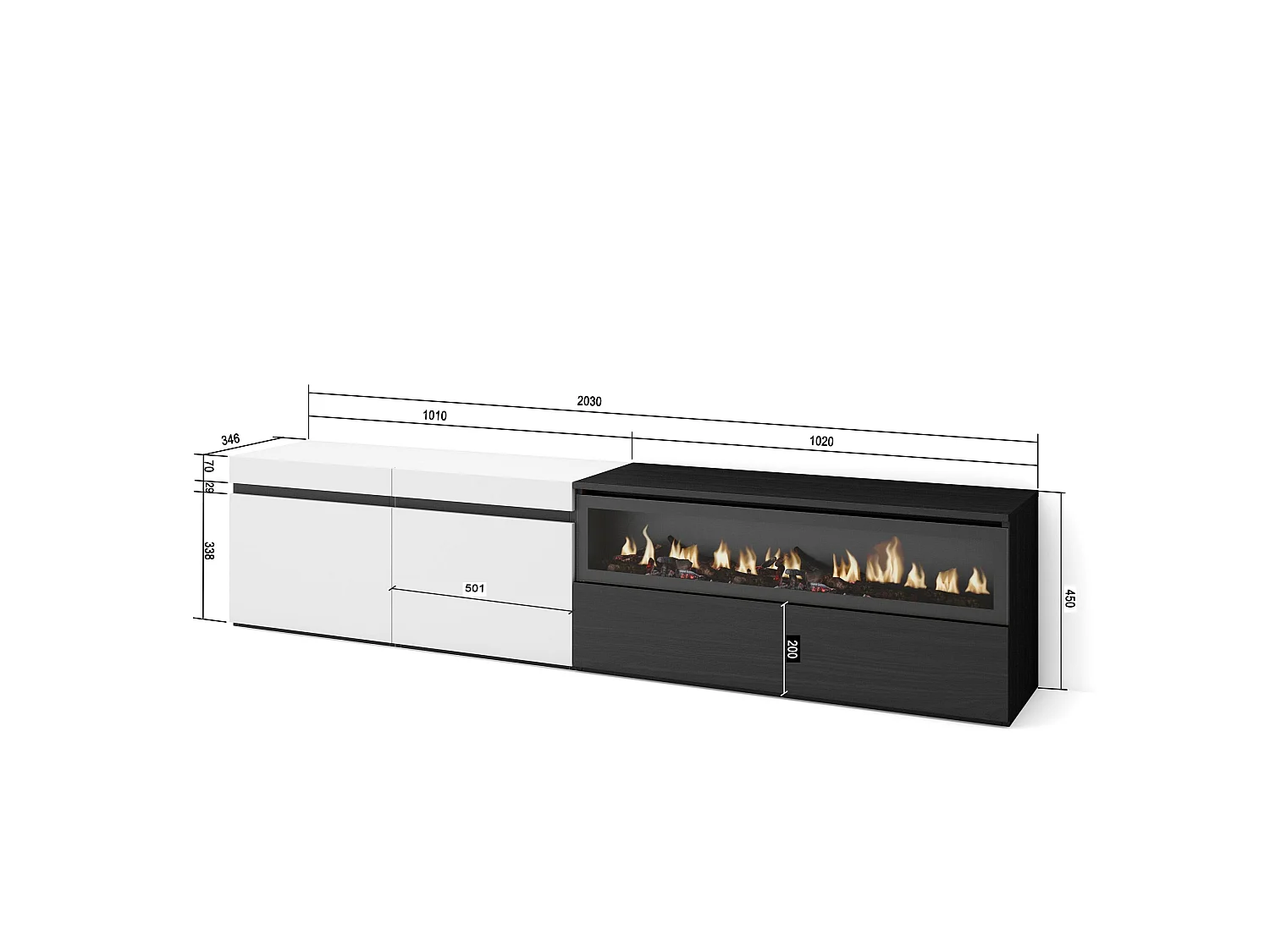 TV-Schrank, Lowboard, 200x35x45cm, Für TV-Geräte bis zu 80", Elektrokamin, Weiß und Schwarz