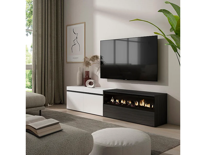 Mueble TV, Televisión, 200x35x45cm, Para TV hasta 80", Chimenea eléctrica, Blanco y negro