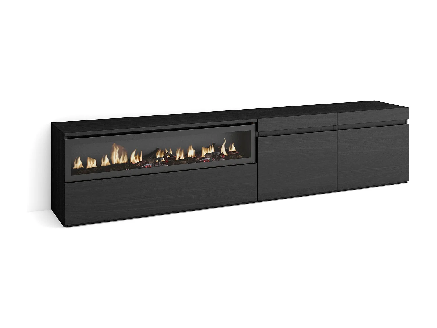 TV-Schrank, Lowboard, 200x35x45cm, Für TV-Geräte bis zu 80", Elektrokamin, Schwarz