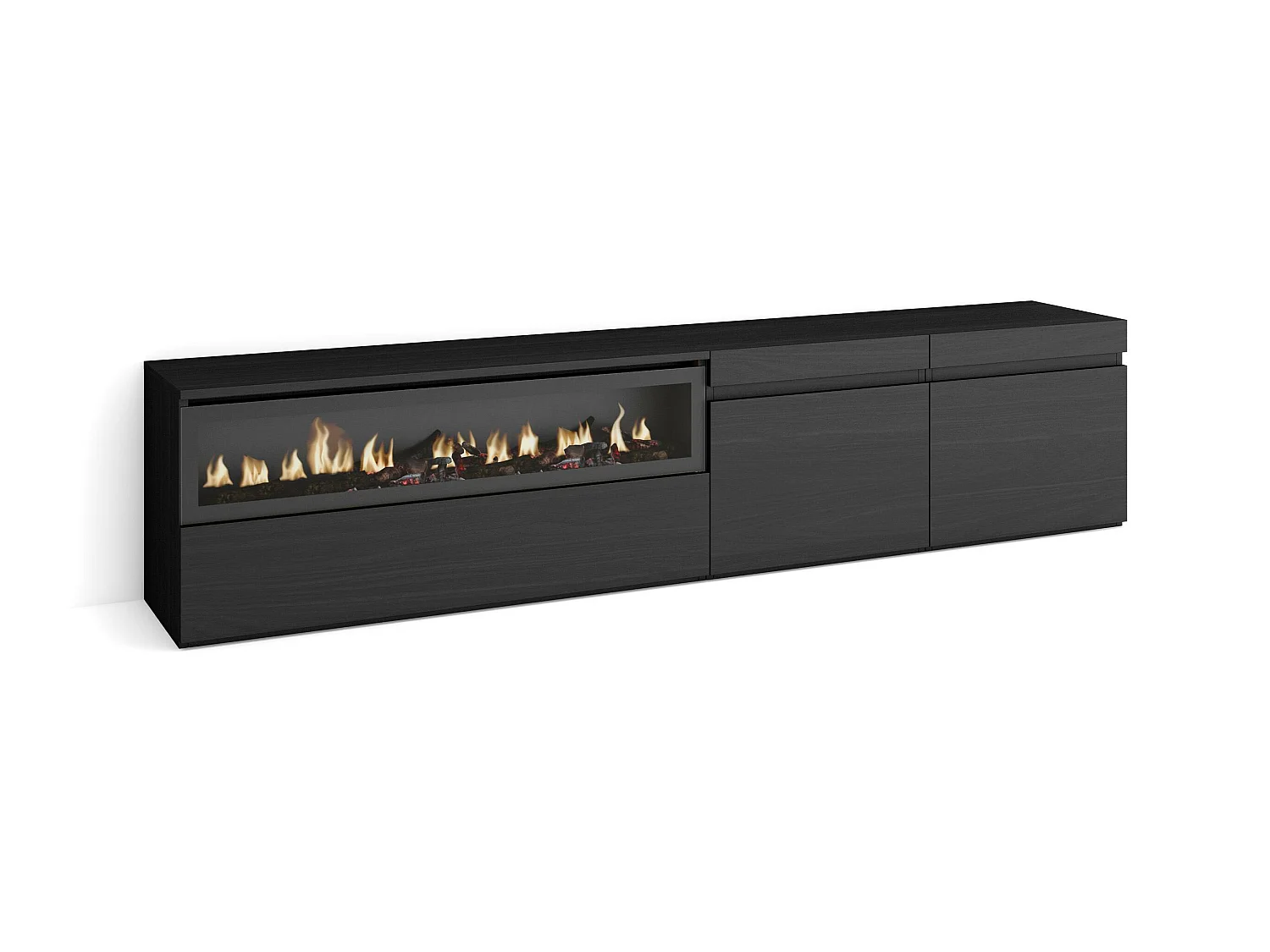 TV-Meubel, Lowboard, 200x35x45cm, Voor tv's tot 80", Elektrische haard, Zwart