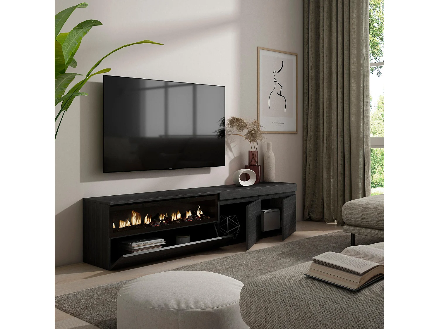 Meuble TV, Banc Télé, 200x35x45cm, Pour les TV jusqu'à 80", Cheminée électrique, Noir