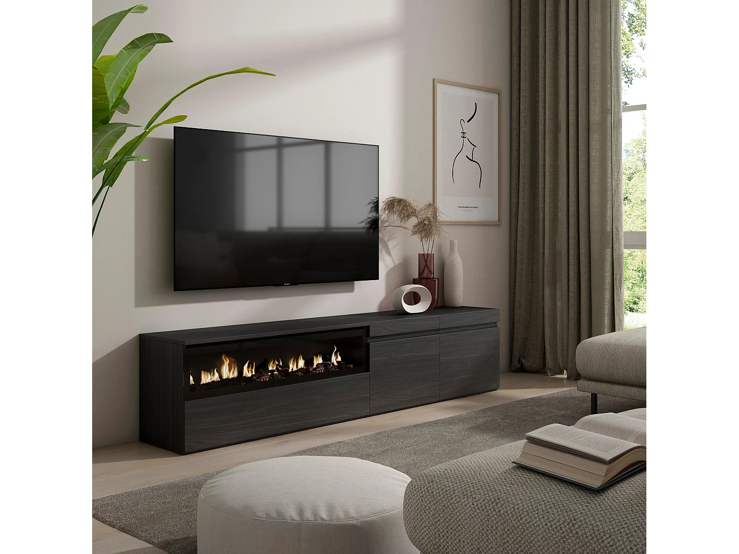 TV-Meubel, Lowboard, 200x35x45cm, Voor tv's tot 80", Elektrische haard, Zwart