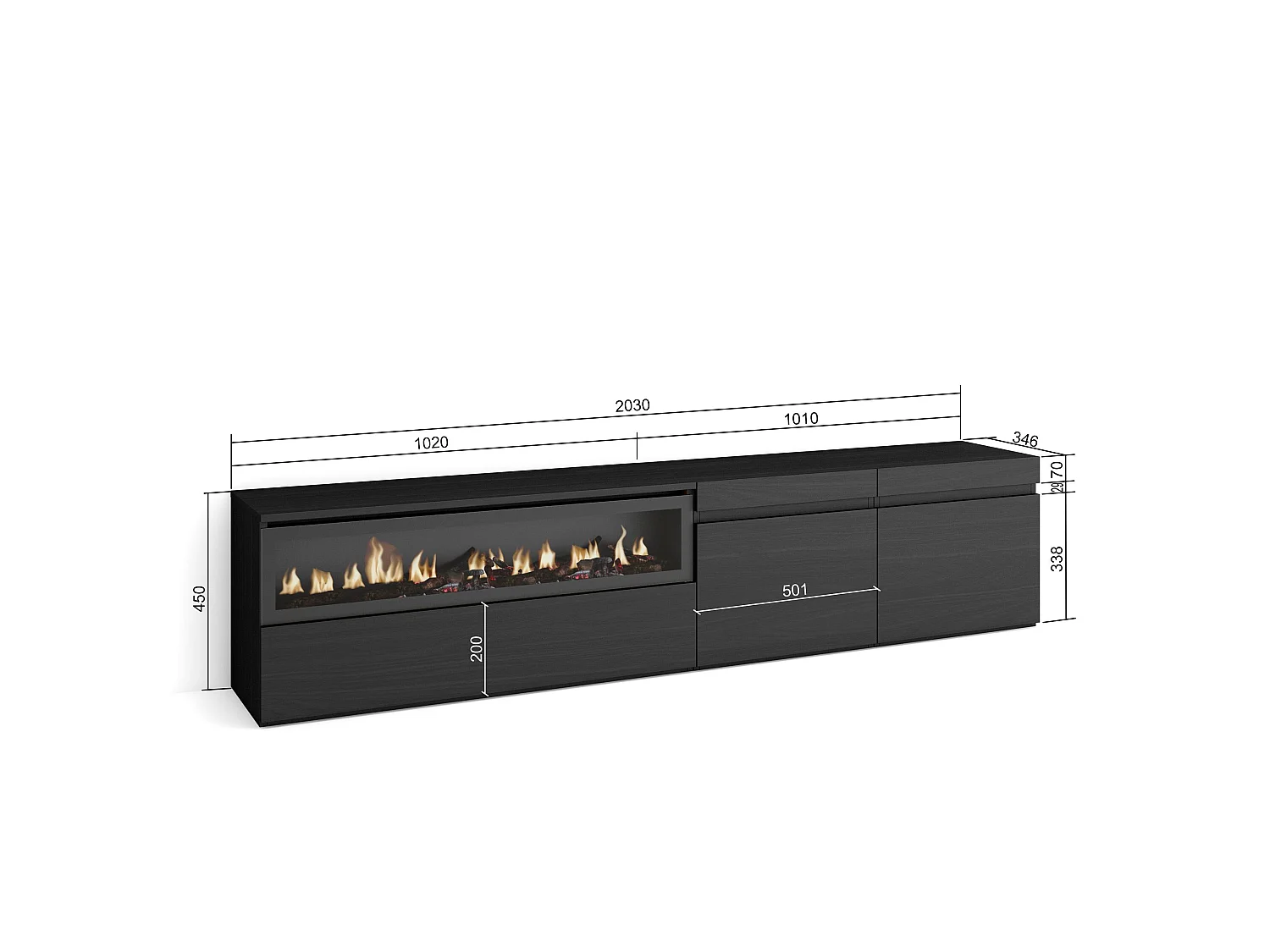 TV-Meubel, Lowboard, 200x35x45cm, Voor tv's tot 80", Elektrische haard, Zwart
