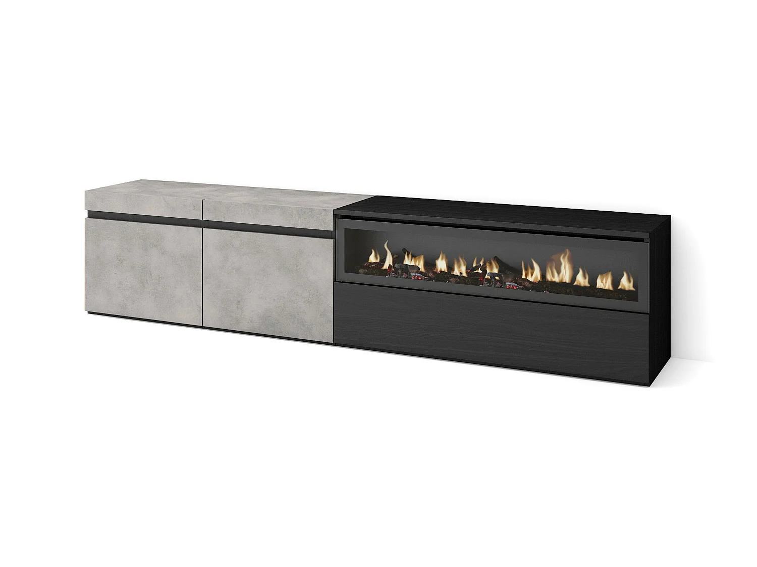 TV-Meubel, Lowboard, 200x35x45cm, Voor tv's tot 80", Elektrische haard, Cement