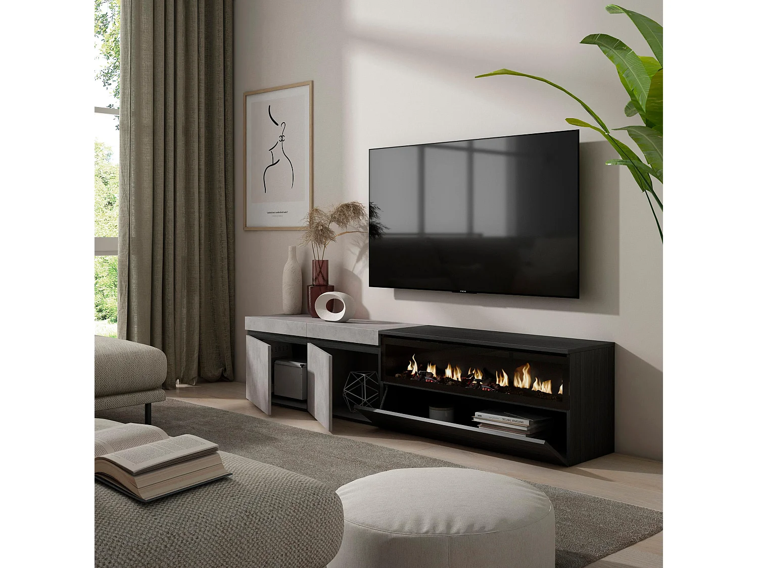 Meuble TV, Banc Télé, 200x35x45cm, Pour les TV jusqu'à 80", Cheminée électrique, Ciment