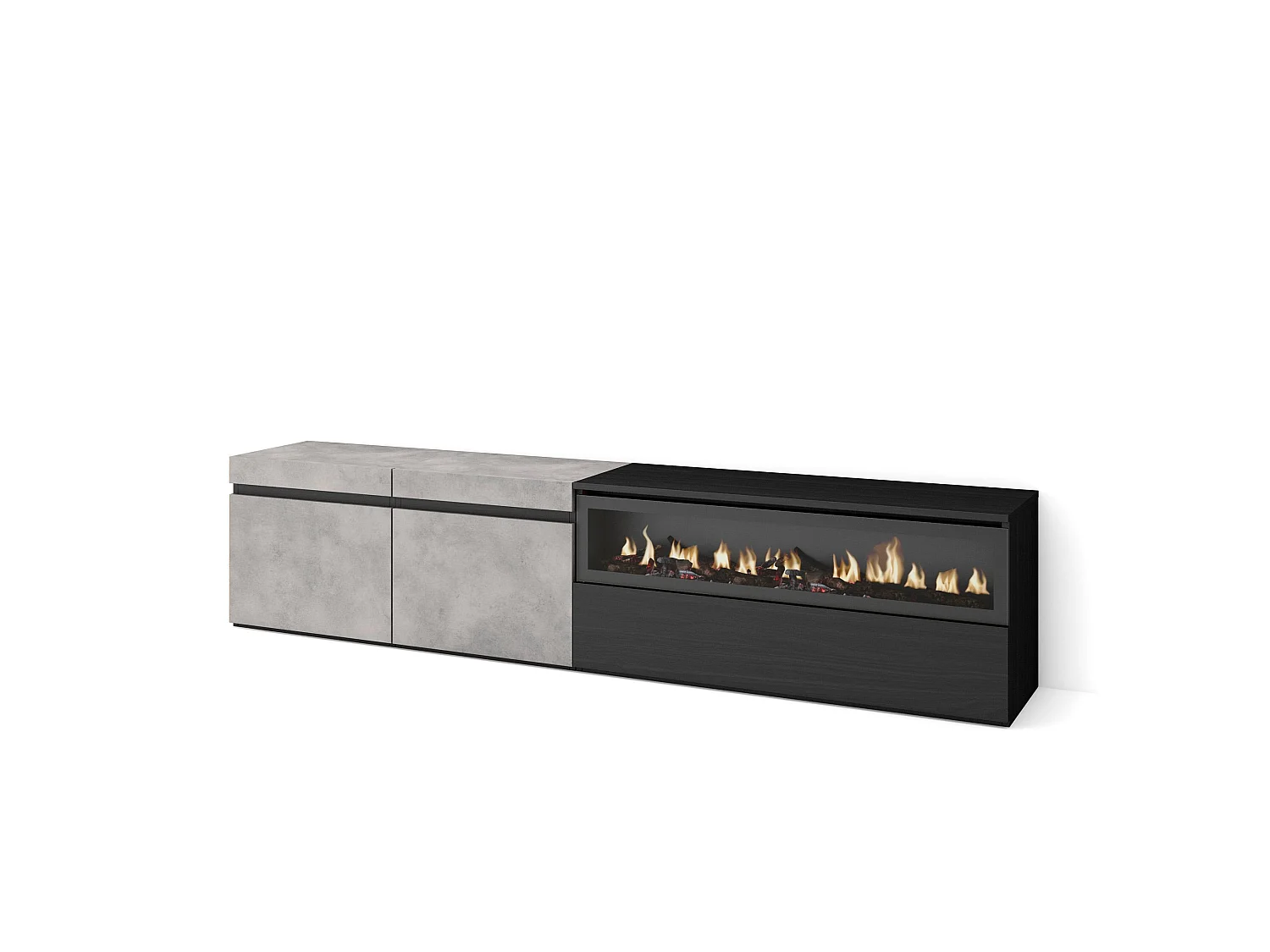 Meuble TV, Banc Télé, 200x35x45cm, Pour les TV jusqu'à 80", Cheminée électrique, Ciment