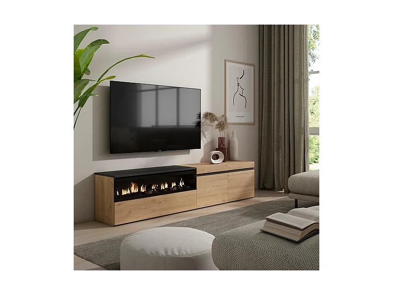 TV-Schrank, Lowboard, 200x35x45cm, Für TV-Geräte bis zu 80", Elektrokamin, Eiche Schwarz