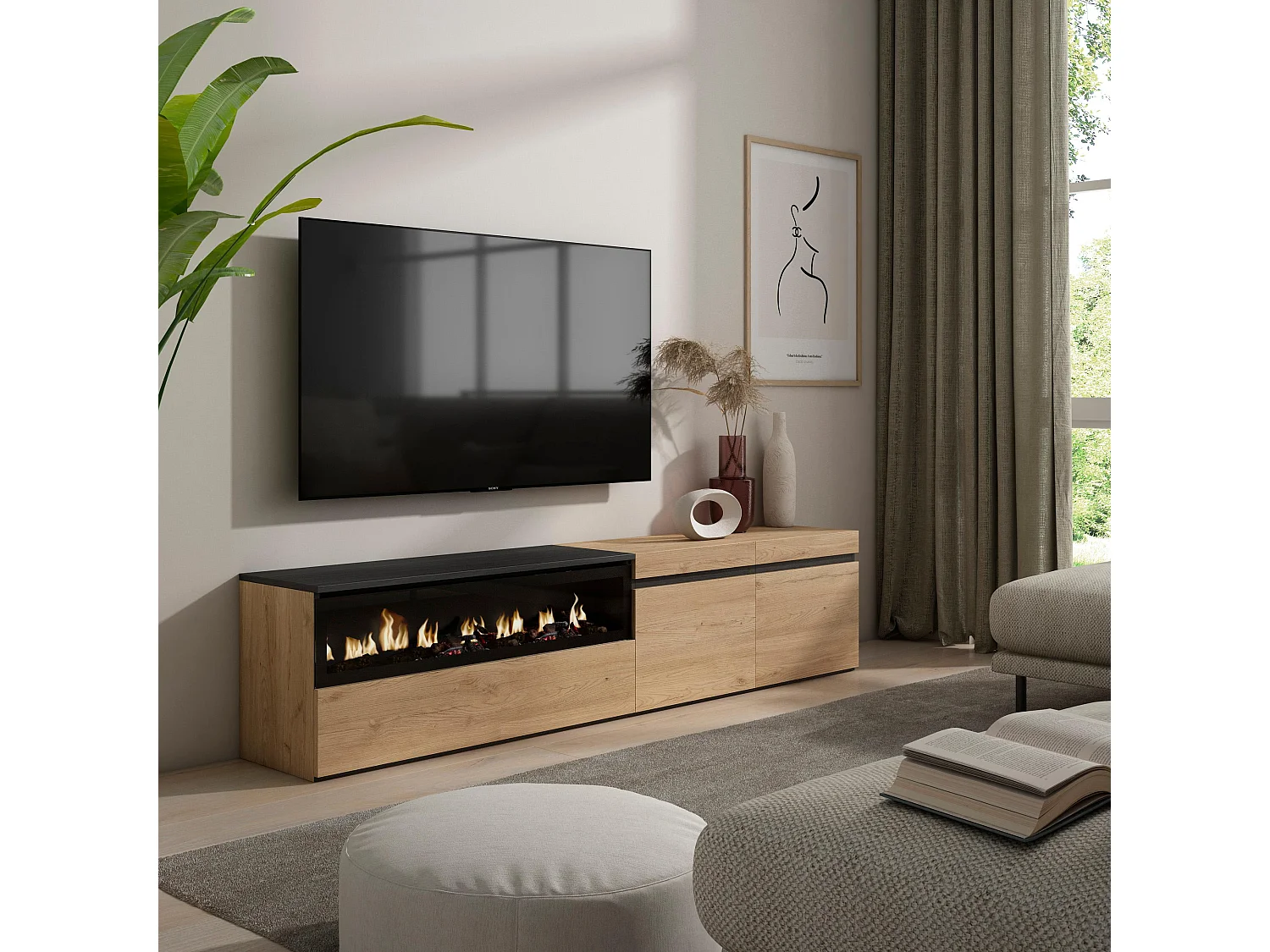 TV-Schrank, Lowboard, 200x35x45cm, Für TV-Geräte bis zu 80", Elektrokamin, Eiche Schwarz