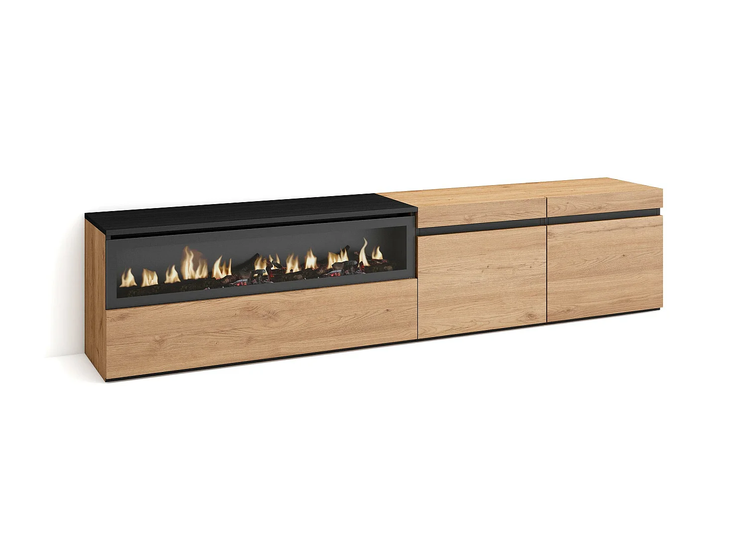 Meuble TV, Banc Télé, 200x35x45cm, Pour les TV jusqu'à 80", Cheminée électrique, Chêne et noir