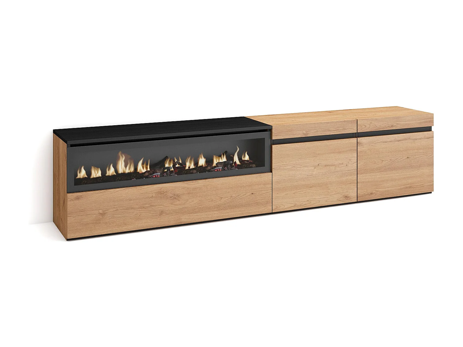 Meuble TV, Banc Télé, 200x35x45cm, Pour les TV jusqu'à 80", Cheminée électrique, Chêne et noir