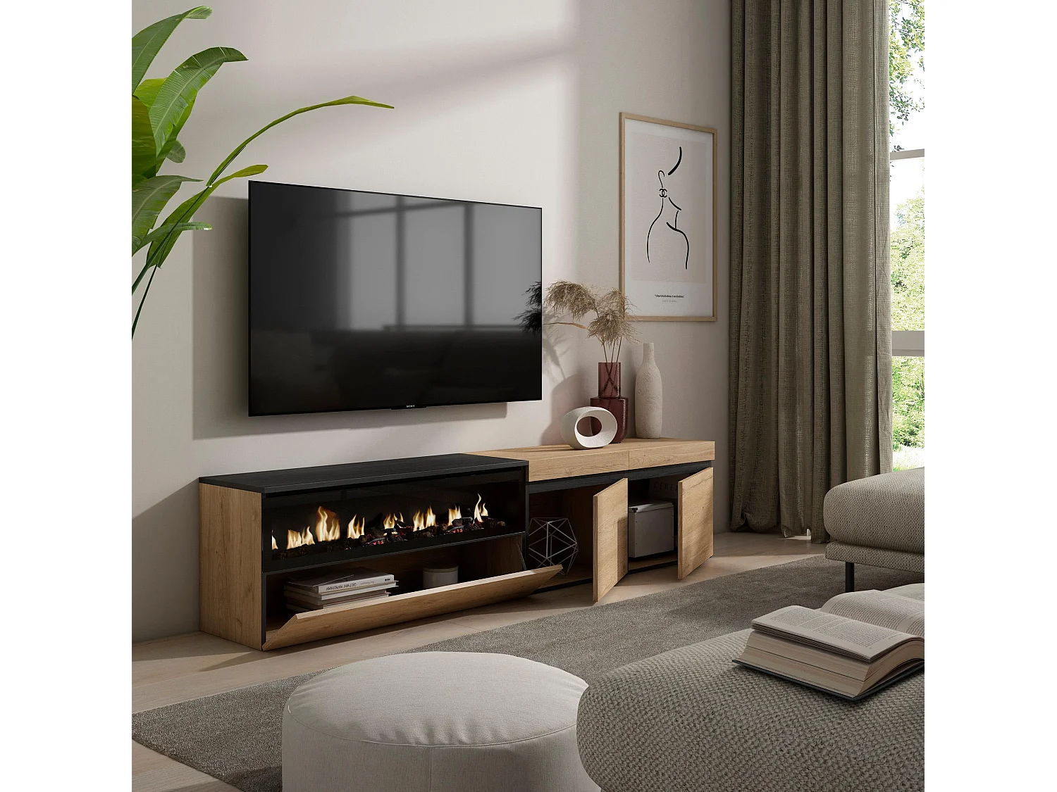 Meuble TV, Banc Télé, 200x35x45cm, Pour les TV jusqu'à 80", Cheminée électrique, Chêne et noir