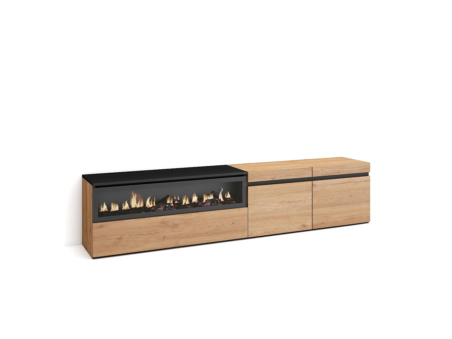 Meuble TV, Banc Télé, 200x35x45cm, Pour les TV jusqu'à 80", Cheminée électrique, Chêne et noir