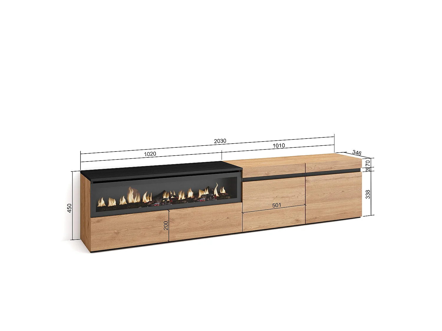 Meuble TV, Banc Télé, 200x35x45cm, Pour les TV jusqu'à 80", Cheminée électrique, Chêne et noir