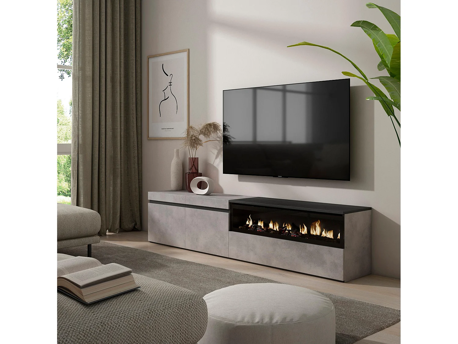 Mobile TV Soggiorno, 200x35x45cm, Per TV fino a 80", Camino elettrico, Cemento