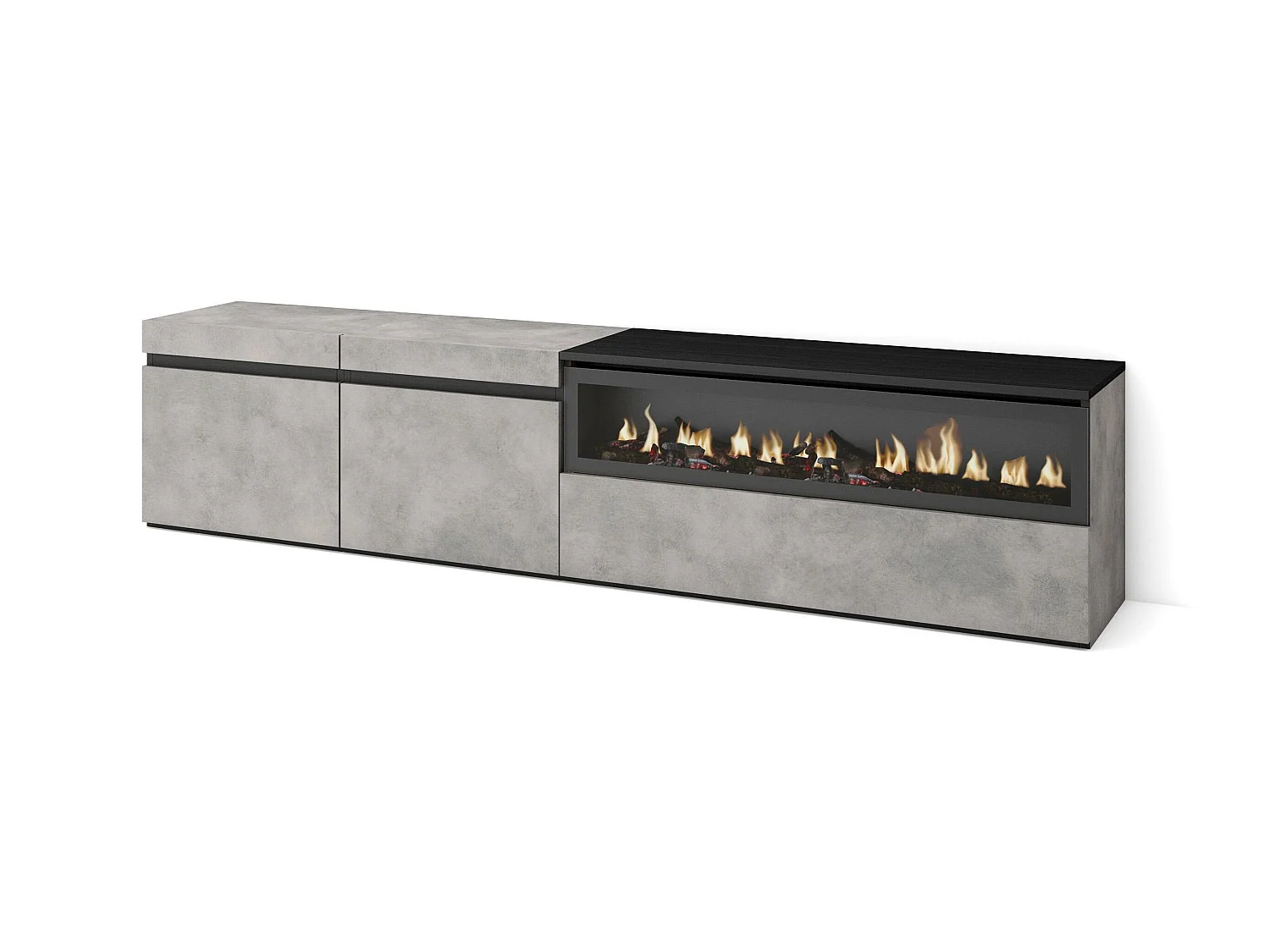 TV-Meubel, Lowboard, 200x35x45cm, Voor tv's tot 80", Elektrische haard, Cement