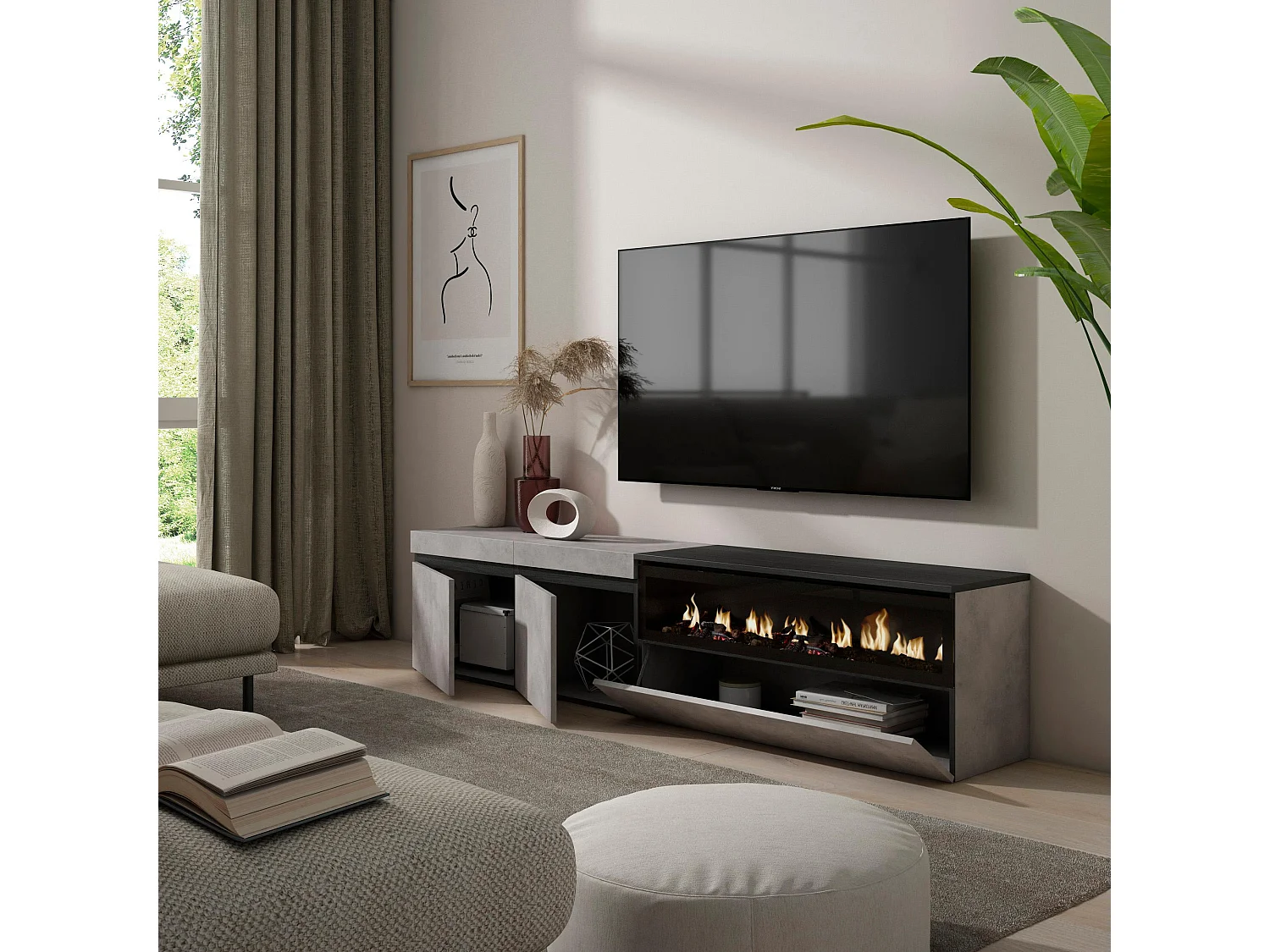 Meuble TV, Banc Télé, 200x35x45cm, Pour les TV jusqu'à 80", Cheminée électrique, Ciment