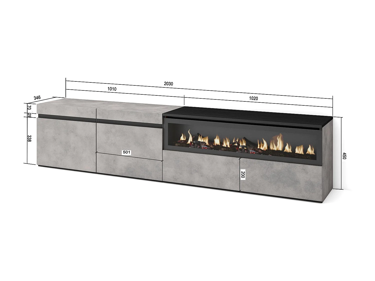 Meuble TV, Banc Télé, 200x35x45cm, Pour les TV jusqu'à 80", Cheminée électrique, Ciment