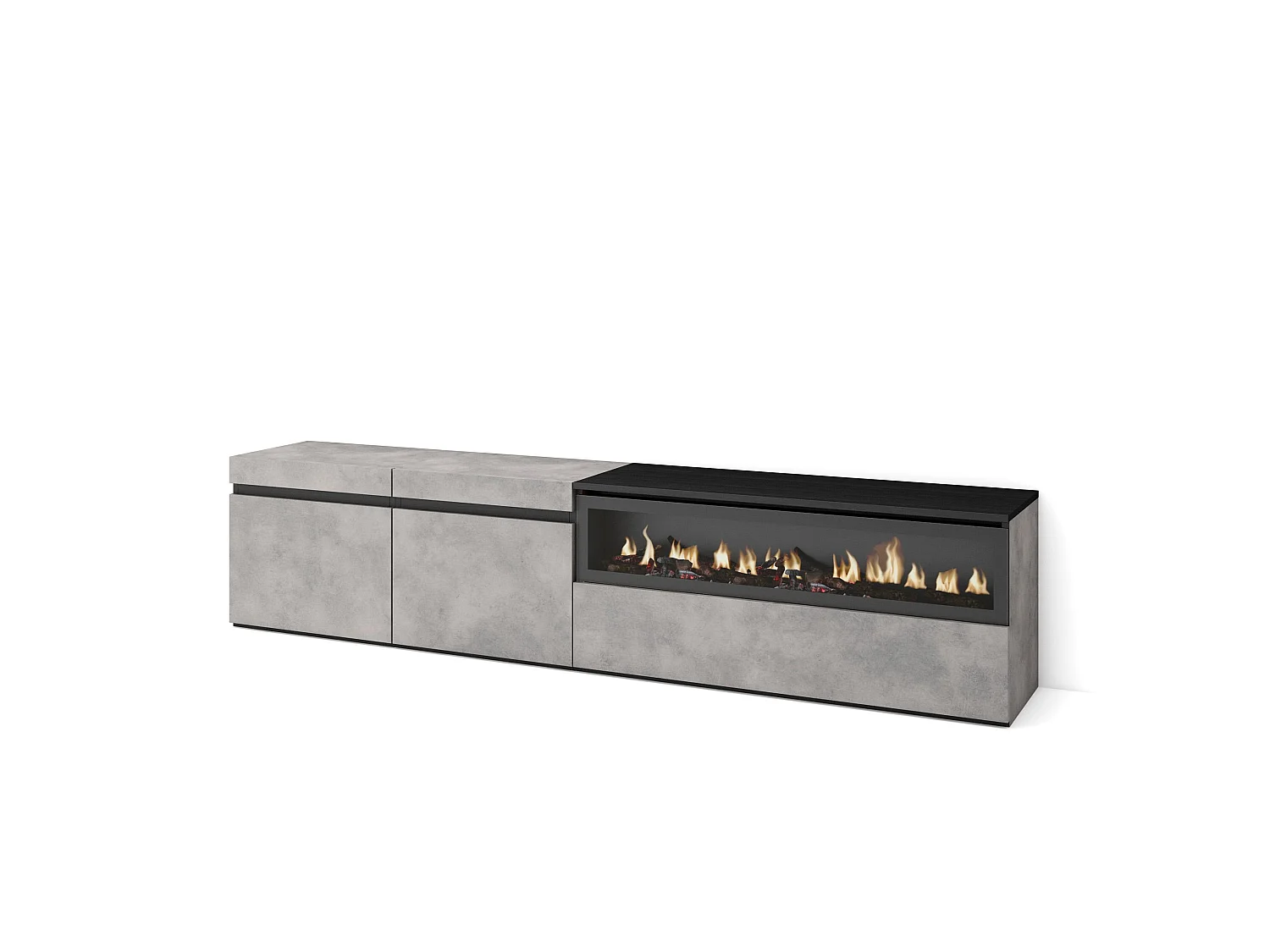 Mueble TV, Televisión, 200x35x45cm, Para TV hasta 80", Chimenea eléctrica, Cemento