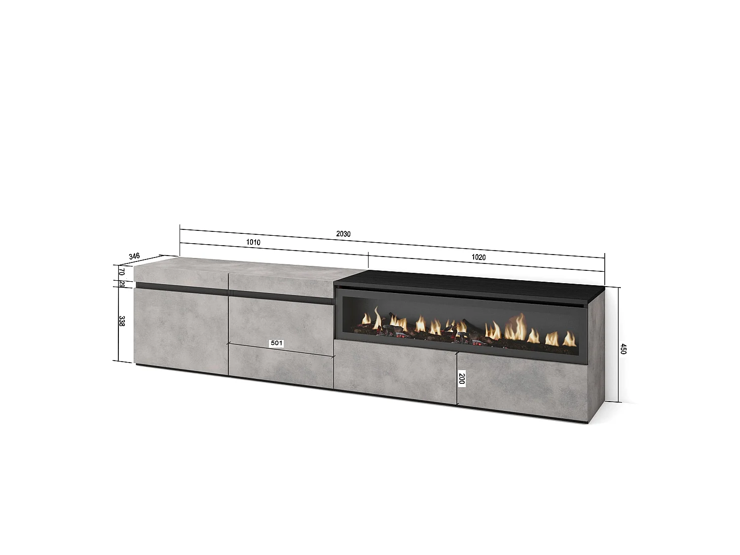 Mueble TV, Televisión, 200x35x45cm, Para TV hasta 80", Chimenea eléctrica, Cemento