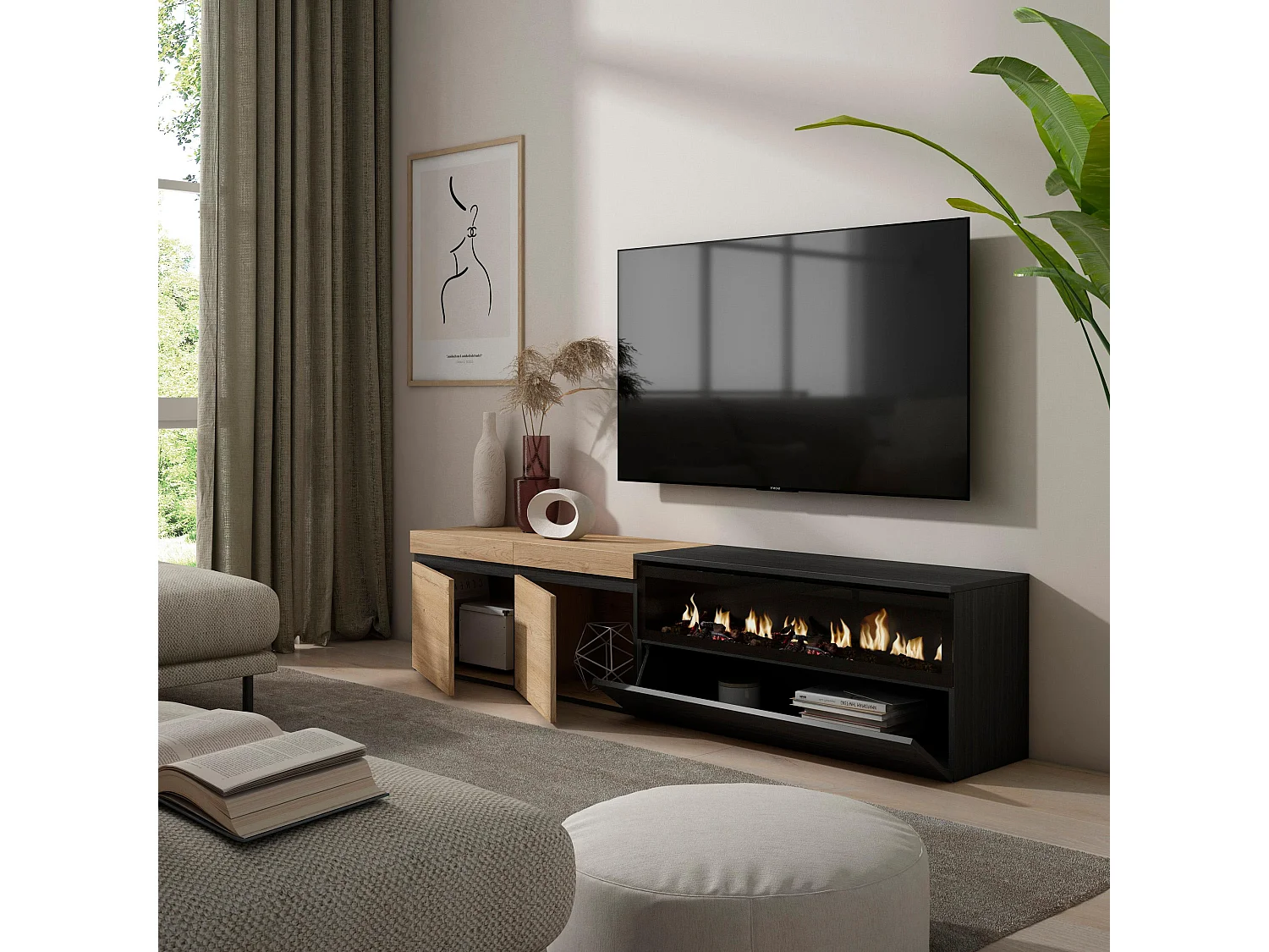 TV-Schrank, Lowboard, 200x35x45cm, Für TV-Geräte bis zu 80", Elektrokamin, Eiche Schwarz