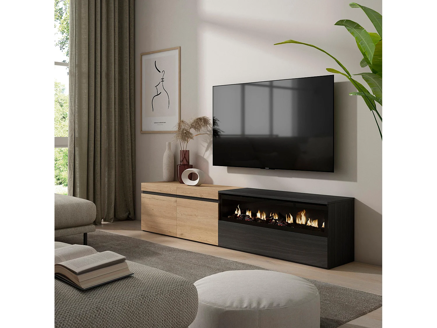 Meuble TV, Banc Télé, 200x35x45cm, Pour les TV jusqu'à 80", Cheminée électrique, Chêne et noir