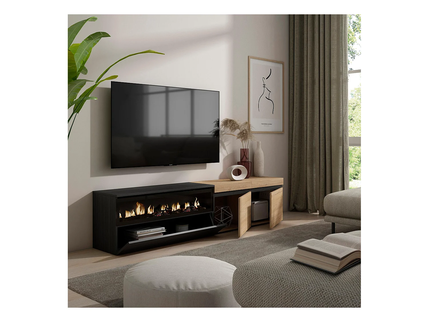 TV-Meubel, Lowboard, 200x35x45cm, Voor tv's tot 80", Elektrische haard, Eiken/Zwart