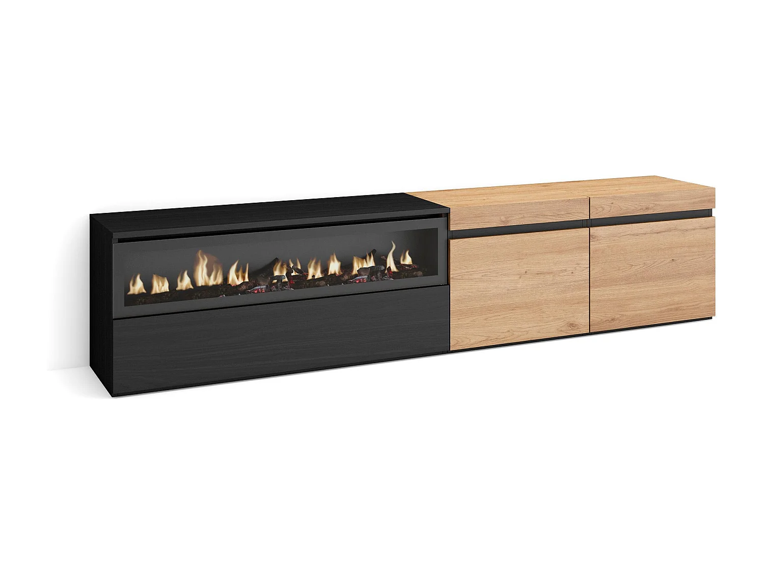 Meuble TV, Banc Télé, 200x35x45cm, Pour les TV jusqu'à 80", Cheminée électrique, Chêne et noir