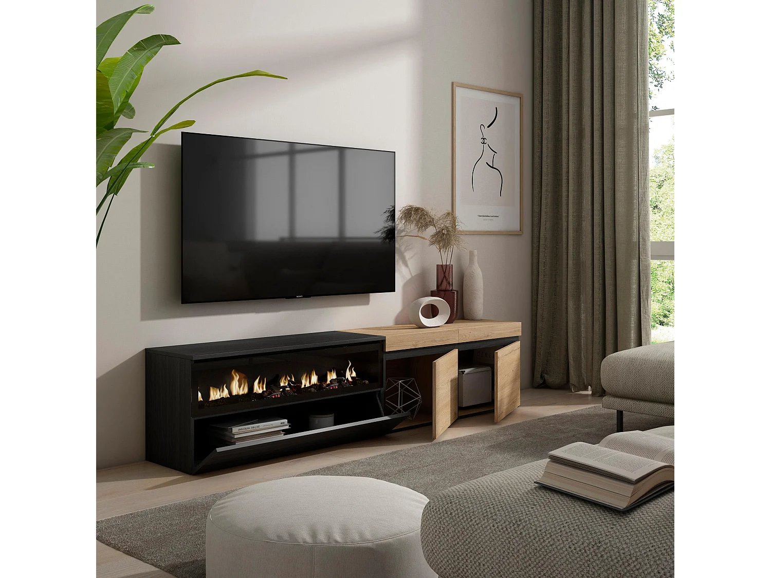 Meuble TV, Banc Télé, 200x35x45cm, Pour les TV jusqu'à 80", Cheminée électrique, Chêne et noir